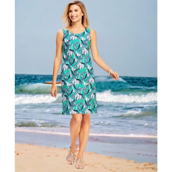 Talbots Sheath Dress 16 Green Blue Tropical Leaf Giraffe Animal‎ Print Safari - Picture 1 of 10